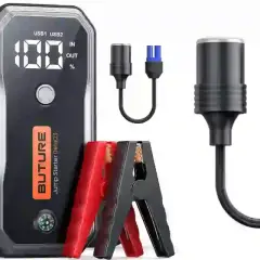 Booster de batterie avec pinces rouges et noires, et câbles pour savoir comment recharger un booster de batterie.