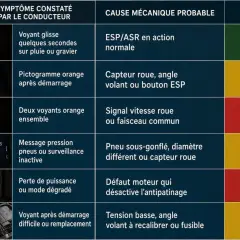 Tableau des voyants de voiture : voyant glisse sur pluie, pictogramme orange, ABS, pression pneus, perte de puissance, démarrage difficile.