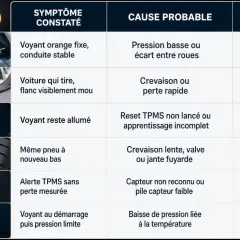 Tableau des symptômes de pression des pneus. Aide à diagnostiquer les problèmes et à réinitialiser la pression des pneus.