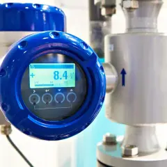 Débitmètre industriel avec écran affichant 8.4 m³/h. Un guide sur comment nettoyer un débitmètre serait utile pour maintenir cette précision.
