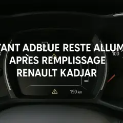 Voyant AdBlue allumé sur Renault Kadjar après remplissage. Le tableau de bord affiche le message et une autonomie restante.