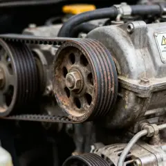 Détail d'un moteur de voiture montrant une courroie d'accessoire usée, rouillée et craquelée, tendue entre deux poulies.