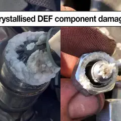 Gros plan sur un injecteur AdBlue bouché par des cristaux blancs. Le DEF cristallisé endommage les composants.