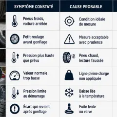 Tableau des symptômes et causes de pression pneu été : Pneus froids, mesure acceptable, pneu chaud, ligne pleine charge, baisse liée à la température, fuite lente.