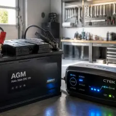 Une batterie de voiture AGM est connectée à un chargeur CTEK. La question est : peut-on charger une batterie de voiture sans la débrancher ?