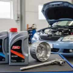 Huile moteur 5W40 diesel : combien de km avec ces bidons FISC ? Un filtre à huile et une clé sont prêts pour le changement sur la voiture bleue.