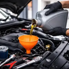 Mains gantées versent de l'huile neuve dans un entonnoir orange pour faire une vidange. Un filtre à huile bleu est visible.