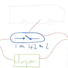 Schéma montage coupe batterie : deux batteries reliées par un sélecteur (1, 1+2, ou 2) et un boîtier "choyen".