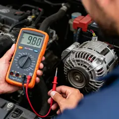 Un mécanicien utilise un multimètre pour tester le système électrique d'une voiture, aidant à déterminer comment savoir si c'est la batterie ou l'alternateur qui pose problème.