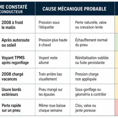 Tableau des symptômes de pression pneu 2008 : froid, soleil, voyant TPMS, vacances, usure, perte rapide. Causes et urgence associées.