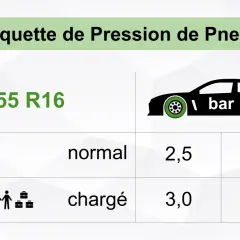 Étiquette de pression pour pneus 205/55 R16. Indique combien de bar de pression pour une voiture normale ou chargée.