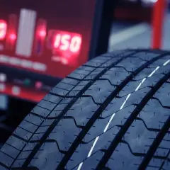 Gros plan sur un pneu neuf, prêt à être monté, avant ou arrière. L'écran d'une machine de contrôle affiche des chiffres rouges.
