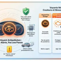 Le voyant antipollution s'allume : orange fixe pour une anomalie d'émissions, clignotant pour un problème grave, rouge pour un danger immédiat. Agir vite pour préserver l'environnement.