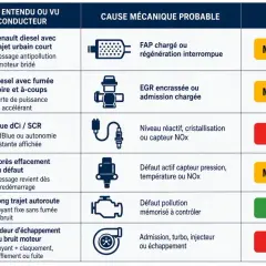 Tableau des symptômes et causes probables de problème démarrage voiture diesel : FAP, EGR, AdBlue, capteurs, admission, turbo, échappement. Urgence variable.