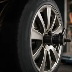 Roue de voiture sur une machine pour l'équilibrage des pneus. Un technicien ajuste l'appareil pour un équilibrage parfait.