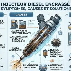 Schéma illustrant les symptômes d'un injecteur encrassé diesel : fumée noire, perte de puissance, ralenti instable, difficultés de démarrage, consommation excessive. Causes : carburant de mauvaise qualité, dépôts de carbone, filtre saturé. Solutions : ...