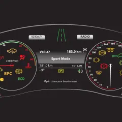 Tableau de bord de voiture affichant des symboles d'alerte, la vitesse, le mode Sport et des informations sur la musique. Le niveau de liquide est indiqué par un symbole.