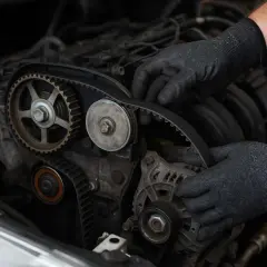 Mains gantées ajustent la courroie de distribution, essentielle pour synchroniser le moteur. Elle sert à entraîner les arbres à cames et le vilebrequin.
