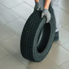 Mains gantées tenant un pneu, le motif de la bande de roulement indique le sens de rotation pneu sans flèche.