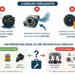 Un turbo qui fume bleu, une erreur fréquente. Une réparation ciblée est souvent raisonnable pour une durite abîmée, un filtre colmaté ou un capteur défectueux.