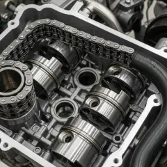 Vue rapprochée d'un moteur TCE 130, montrant la chaîne de distribution et les pistons. Ce moteur utilise une chaîne, pas une courroie.