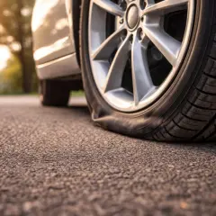 Gros plan sur une roue de voiture avec un pneu qui se dégonfle lentement sur la route, sous un soleil couchant.
