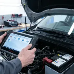 Mécanicien utilisant une tablette pour réinitialiser voiture après changement batterie. Tableau de bord allumé.