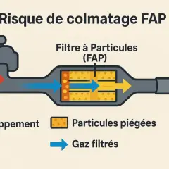 Schéma montrant le **risque de colmatage du filtre à particules** (FAP) par les gaz d'échappement. Les particules sont piégées, les gaz filtrés sortent.