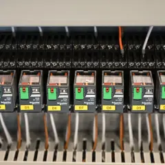 Relais industriels Schneider Electric, numérotés D3 à D11. Un bruit de démarreur HS pourrait provenir de l'un de ces composants.