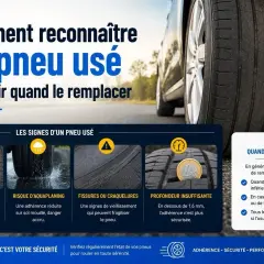 Les pneus usés, avec leur gomme lisse et leurs rainures peu profondes, indiquent un risque accru d'aquaplaning et une adhérence réduite. Vérifiez leur profondeur pour votre sécurité.