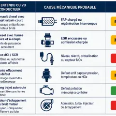 Tableau des symptômes de moteur diesel : FAP saturé, EGR encrassée, ou trop d'air dans le moteur diesel peuvent causer des problèmes. Urgence variable.