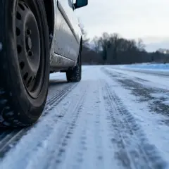 Pneus 4 saisons sur route enneigée. Ils glissent, montrant pourquoi les pneus 4 saisons sont à éviter en hiver pour votre sécurité.