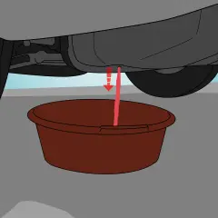 Liquide rouge coule du réservoir d'une voiture dans un bac. Illustration de comment vider un réservoir de voiture.