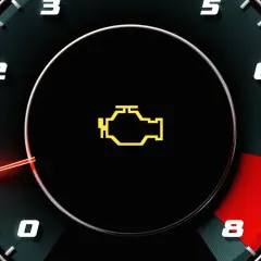 Tableau de bord d'une voiture avec le voyant moteur allumé sans perte de puissance. Le témoin jaune en forme de moteur est visible au centre.