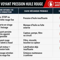 Tableau expliquant les causes et urgences du voyant huile rouge qui s'allume et s'éteint.
