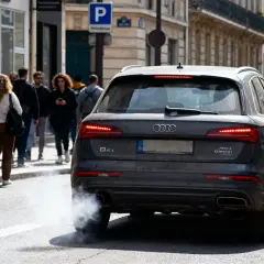 Une Audi émet une épaisse fumée blanche, signe d'une mauvaise odeur d'échappement diesel. Des passants marchent sur le trottoir.