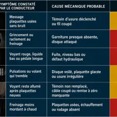 Tableau des symptômes de freinage : voyant plaquette de frein Volkswagen, grincement, pédale longue, volant qui tremble, freinage faible. Causes et urgence associées.