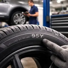 Un mécanicien pointe l'indice de charge 95Y sur un pneu. La question est : peut-on changer l'indice de charge d'un pneu ?