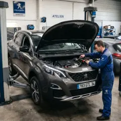 Mécanicien travaillant sur un Peugeot 3008, peut-être pour un problème chaîne distribution.