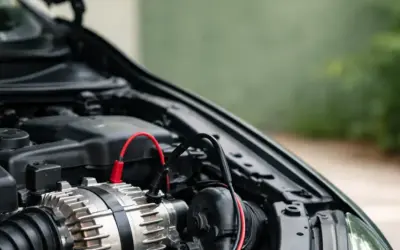 Diagnostic d'un panne alternateur symptôme : un alternateur de voiture avec des câbles de test connectés.