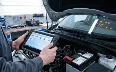 Mécanicien utilisant une tablette pour réinitialiser voiture après changement batterie. Tableau de bord allumé.