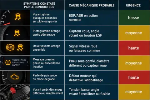 Tableau des voyants de voiture : voyant glisse sur pluie, pictogramme orange, ABS, pression pneus, perte de puissance, démarrage difficile.