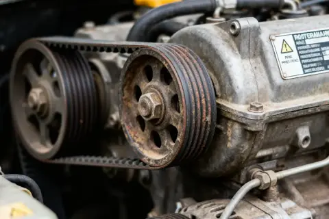 Détail d'un moteur de voiture montrant une courroie d'accessoire usée, rouillée et craquelée, tendue entre deux poulies.