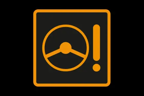 Voyant frein orange : le volant et le point d'exclamation indiquent un problème avec le système de freinage ou de direction assistée.