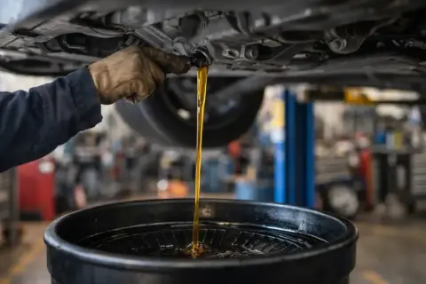Vidange d'huile moteur d'un véhicule diesel, probablement à 30 000 km. L'huile usagée s'écoule dans un bac de récupération.