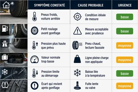Tableau des symptômes et causes de pression pneu été : Pneus froids, mesure acceptable, pneu chaud, ligne pleine charge, baisse liée à la température, fuite lente.