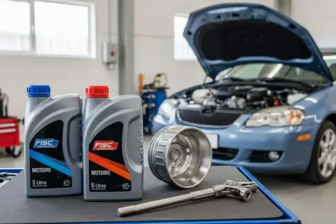 Huile moteur 5W40 diesel : combien de km avec ces bidons FISC ? Un filtre à huile et une clé sont prêts pour le changement sur la voiture bleue.