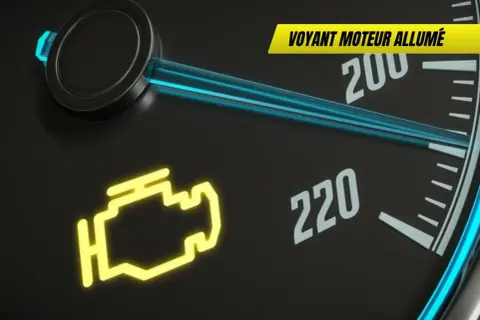 Le voyant moteur allumé, symbole de pollution, clignote sur le tableau de bord. Le compteur indique 200 km/h.