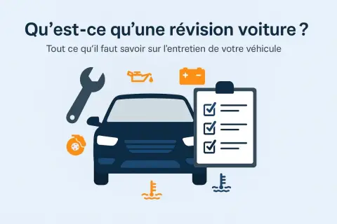 Illustration d'une voiture avec des icônes de mécanique (clé, huile, batterie, thermomètre). Une liste de contrôle est à côté. Idéal pour savoir quand faire la révision de sa voiture.