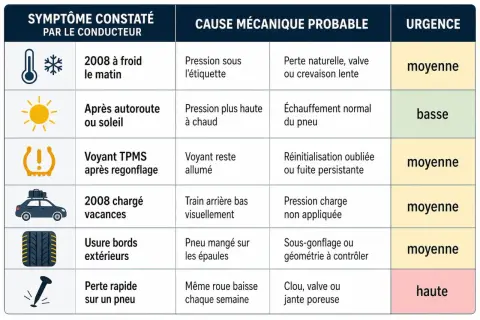 Tableau des symptômes de pression pneu 2008 : froid, soleil, voyant TPMS, vacances, usure, perte rapide. Causes et urgence associées.